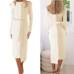Elegant Cream Knit  Color Block Dress XL